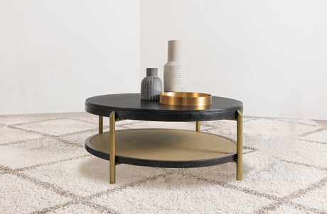 Close-up of woven rattan storage shelf on Arini coffee table