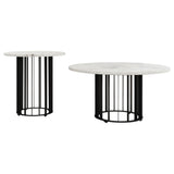 Close-up of marble top and black iron base on coffee table