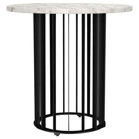 Side angle of coffee table showing open vertical rod iron design