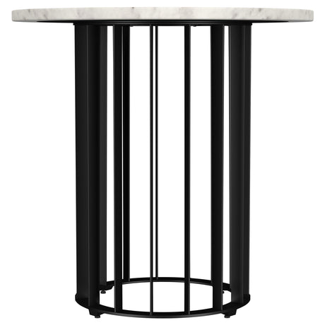 The end table with round marble top and black iron frame