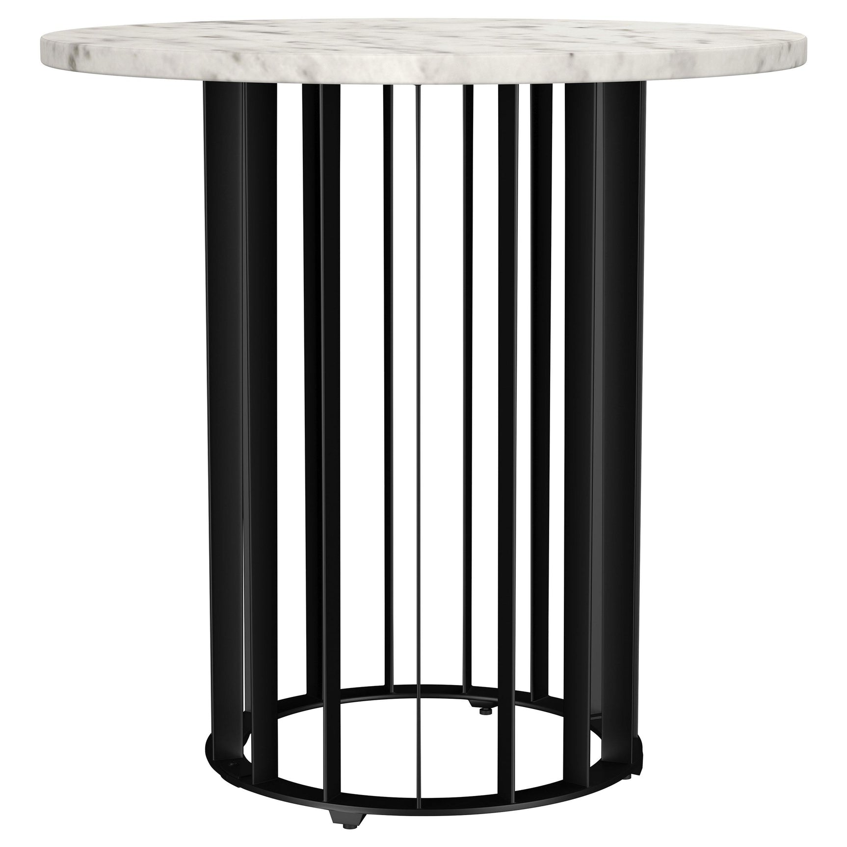 Side view of the round marble end table with black iron base