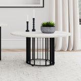 Side view of Haven Round Coffee Table with black iron base