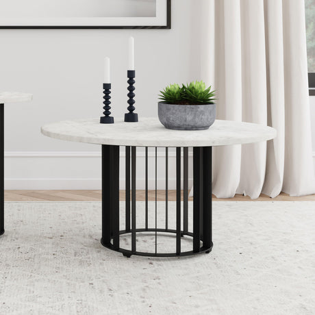 Side view of Haven Round Coffee Table with black iron base