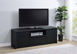 Side angle of Winfield black TV stand showing storage doors