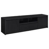 Black 78-inch TV stand section with open shelves and cabinets