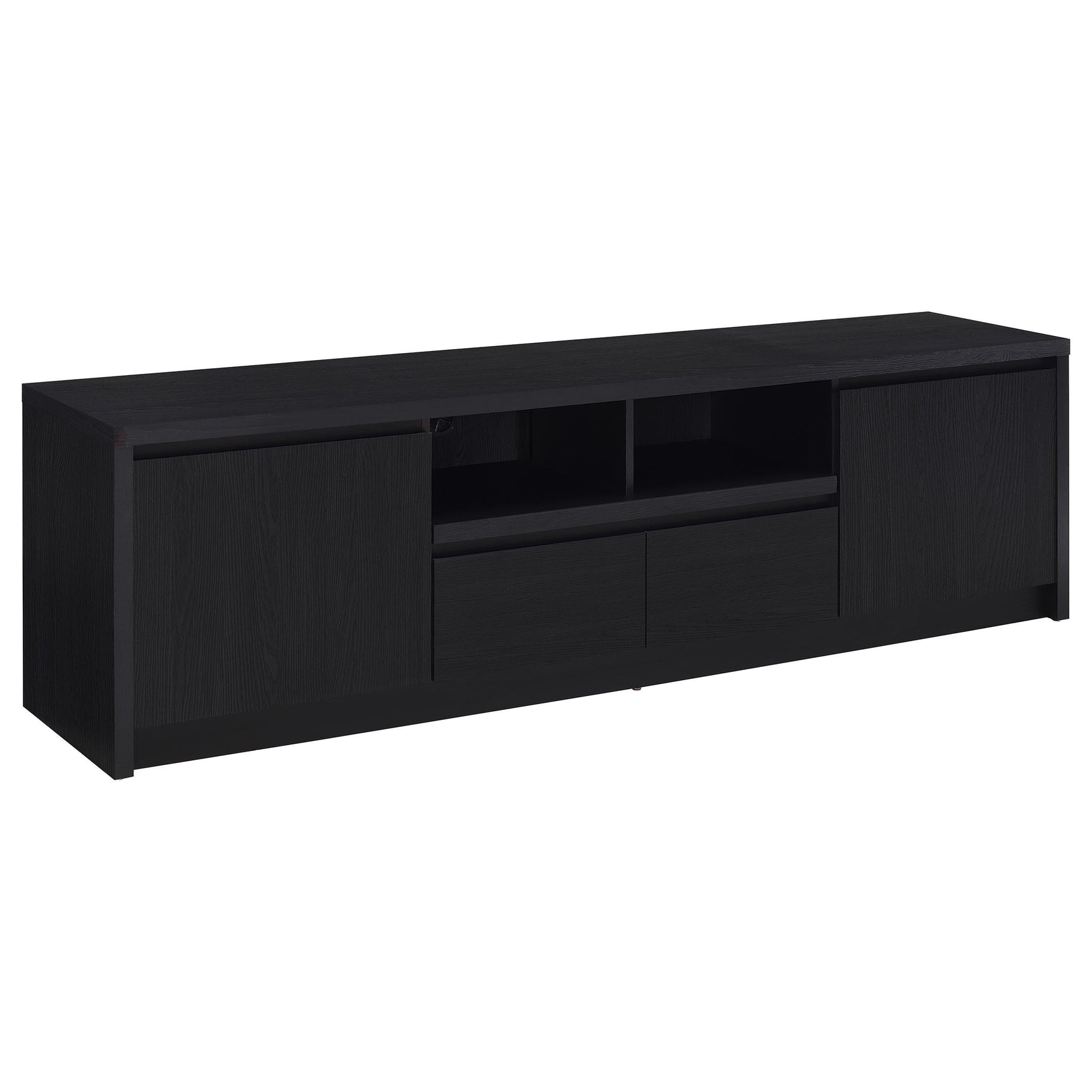 Black 78-inch TV stand section with open shelves and cabinets
