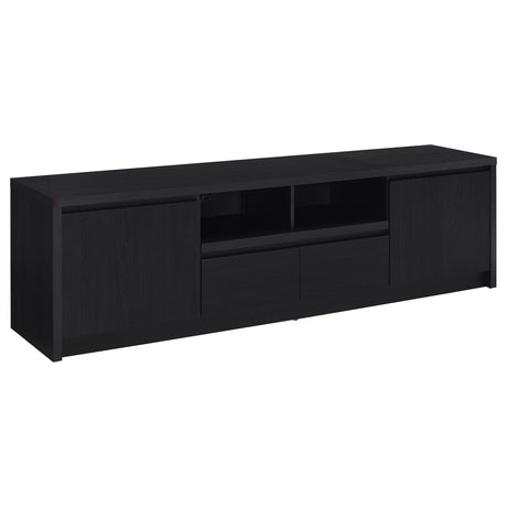 Black 78-inch TV stand section with open shelves and cabinets