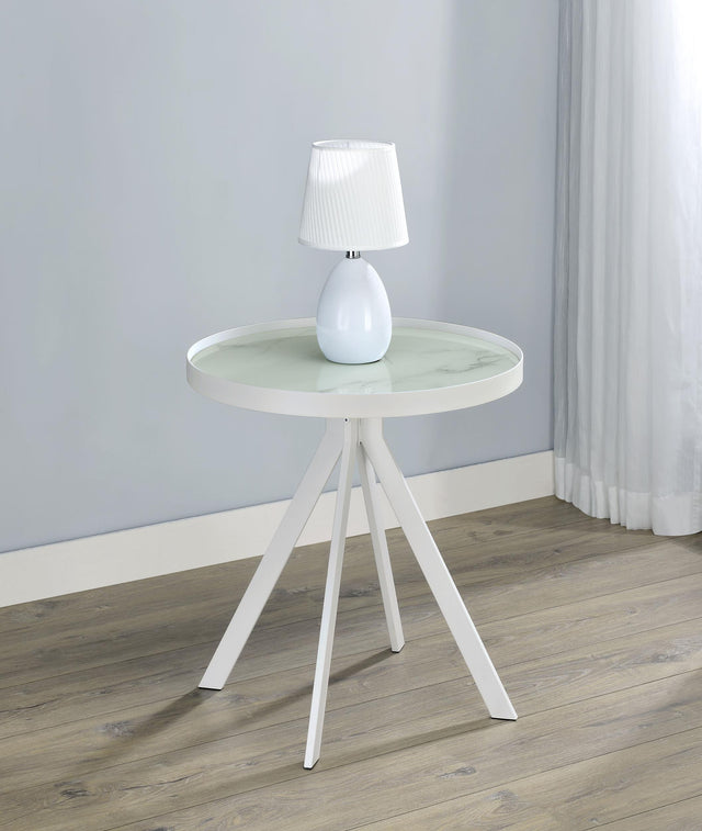 Briggs end side table close-up of marble pattern glass top