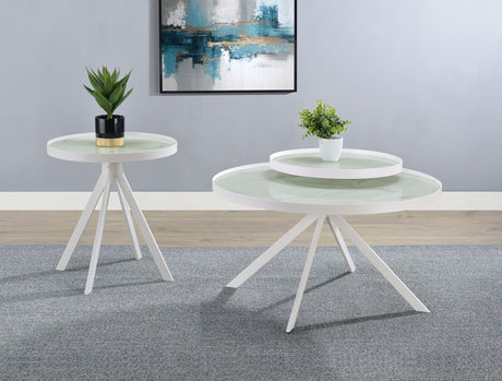 Briggs coffee table white metal frame with marble-patterned glass top