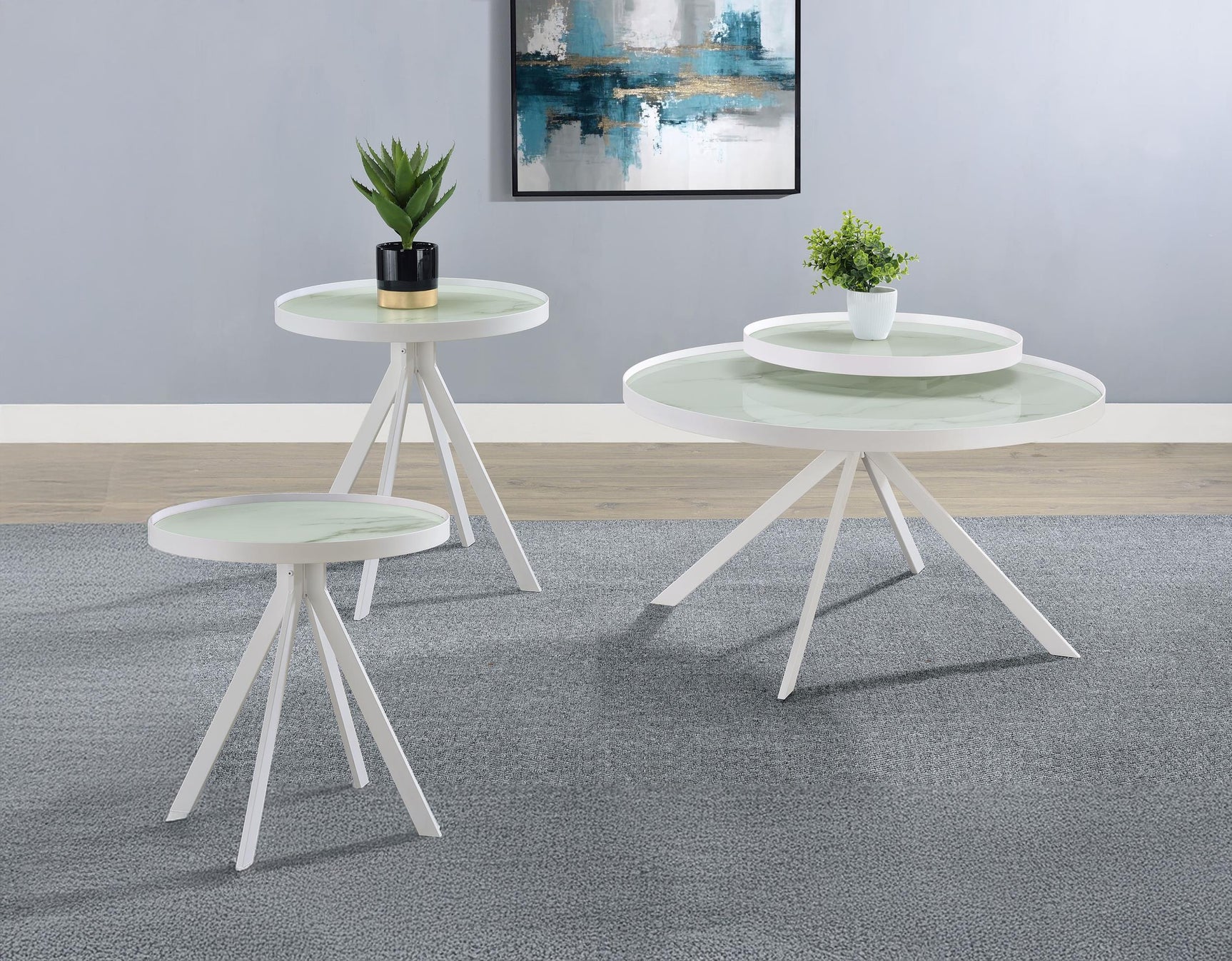 Briggs white metal frame coffee table front view