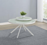 Briggs coffee table side view showing metal frame and glass surfaces