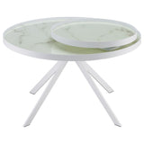Briggs round coffee table with white metal frame and marble printed glass top