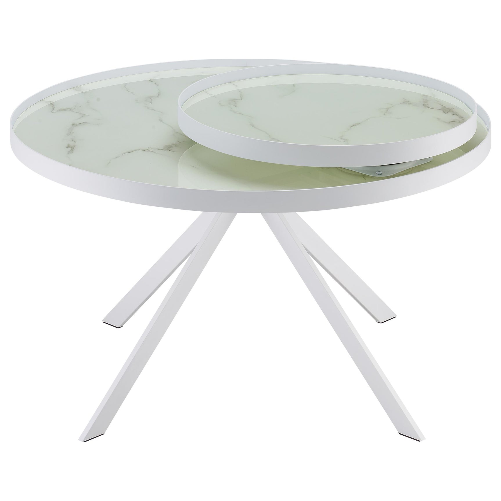 Briggs round coffee table with white metal frame and marble printed glass top