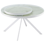 Briggs round coffee table with white metal frame and marble printed glass top