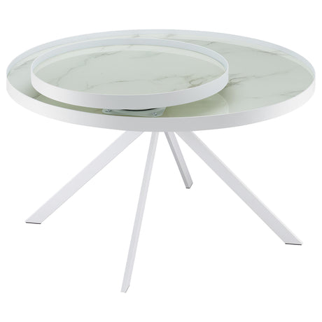 Briggs round coffee table with white metal frame and marble printed glass top