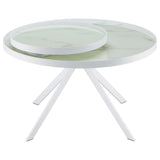 Briggs round coffee table with white metal frame and marble printed glass top