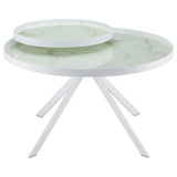 Briggs round coffee table with white metal frame and marble printed glass top