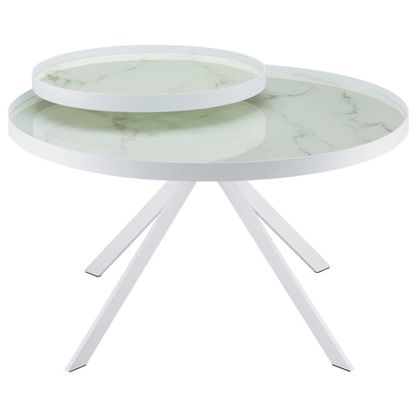 Briggs round coffee table with white metal frame and marble printed glass top