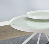 Briggs round coffee table with white metal frame and marble printed glass top