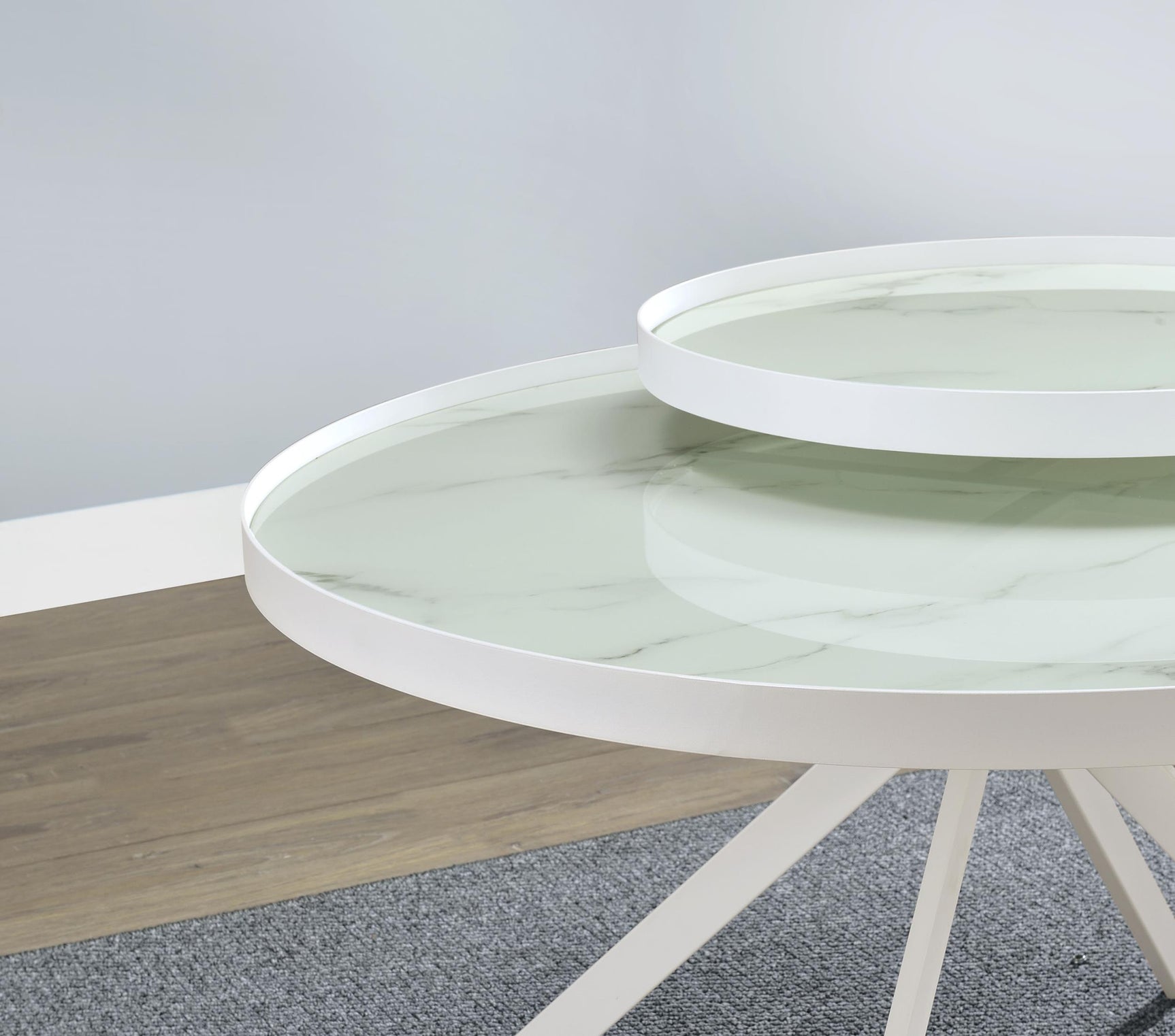 Briggs round coffee table with white metal frame and marble printed glass top