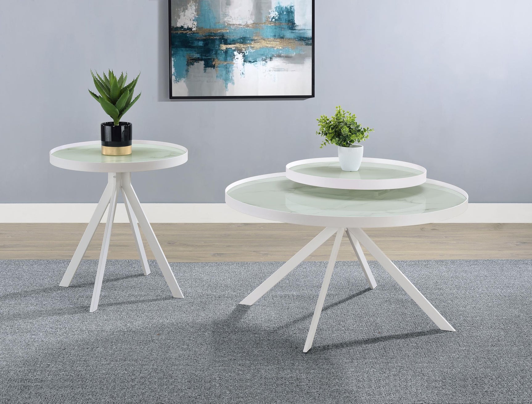 Briggs round coffee table with white metal frame and marble printed glass top