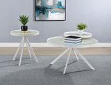 Briggs round coffee table with white metal frame and marble printed glass top