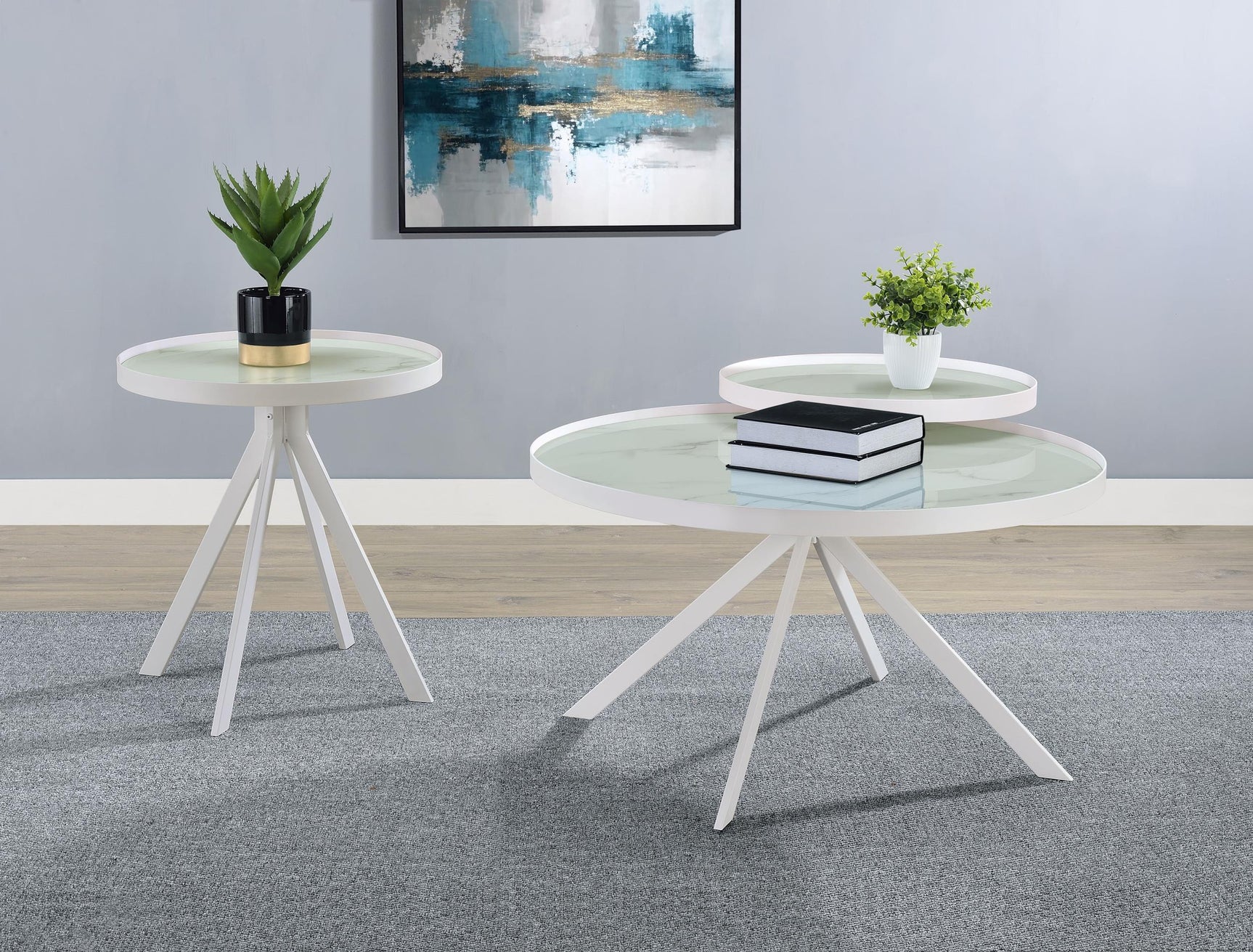 Briggs round coffee table with white metal frame and marble printed glass top