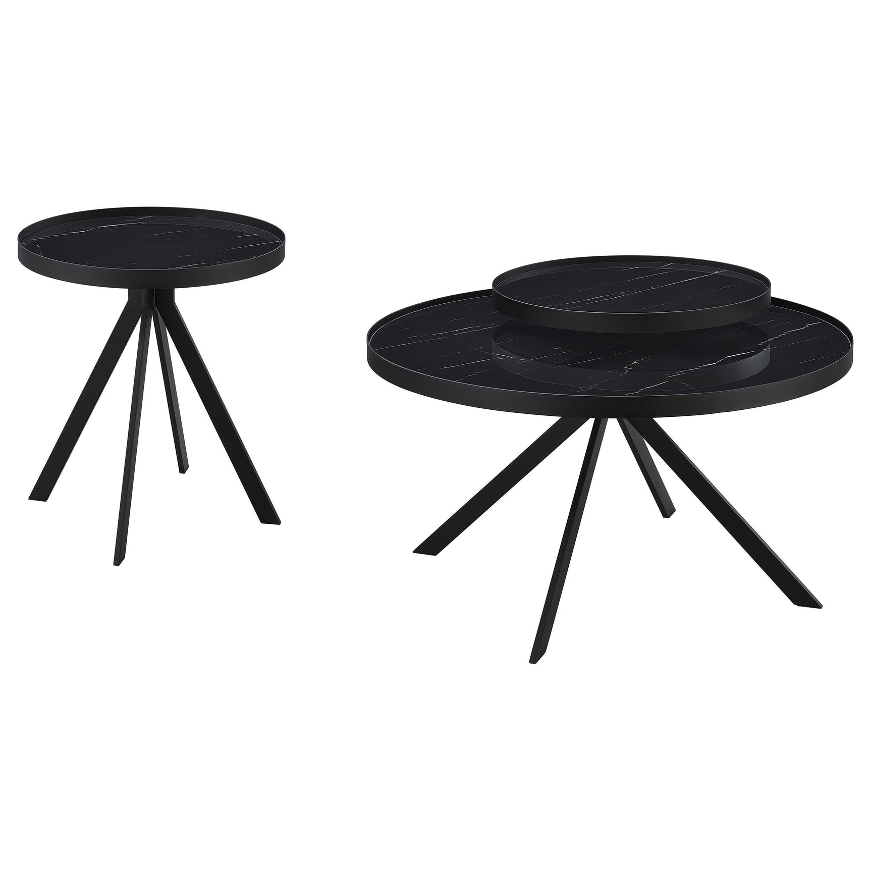 Briggs black round end table with marble-patterned tempered glass top