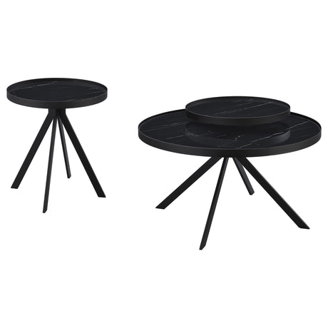 Briggs black round end table with marble-patterned tempered glass top