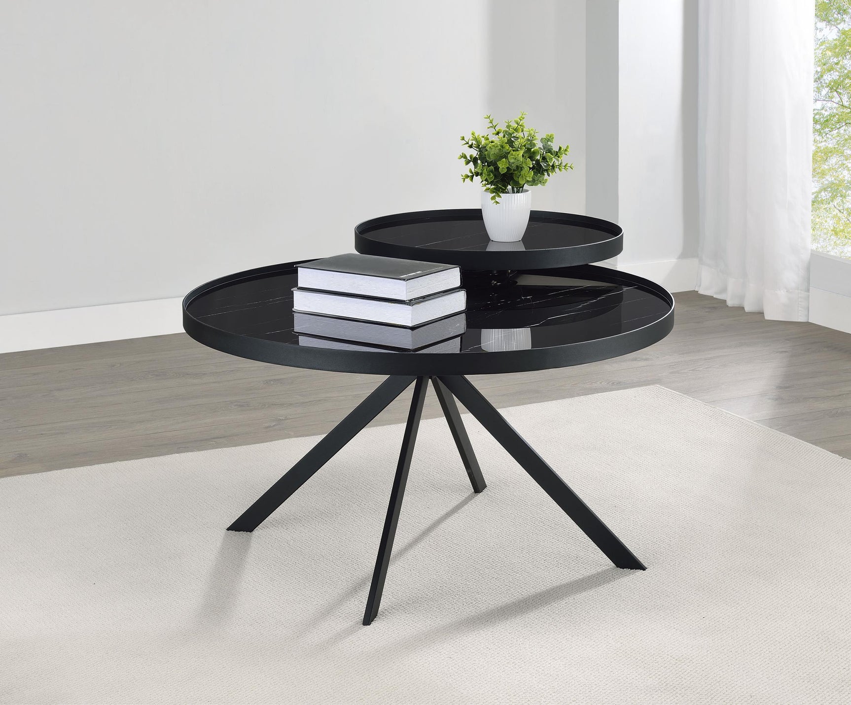 Close-up of Briggs coffee table marble printed glass surface