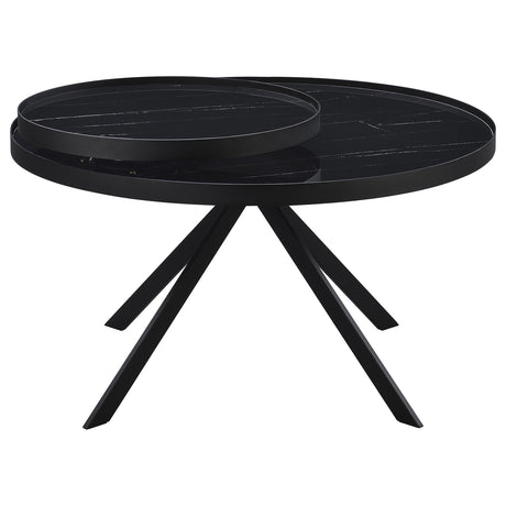 Angled view of Briggs coffee table with reflective glass