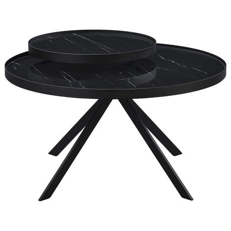 Briggs black round coffee table with marble-printed glass top