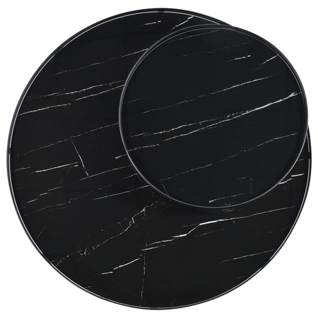 Briggs black round coffee table with marble-printed glass top