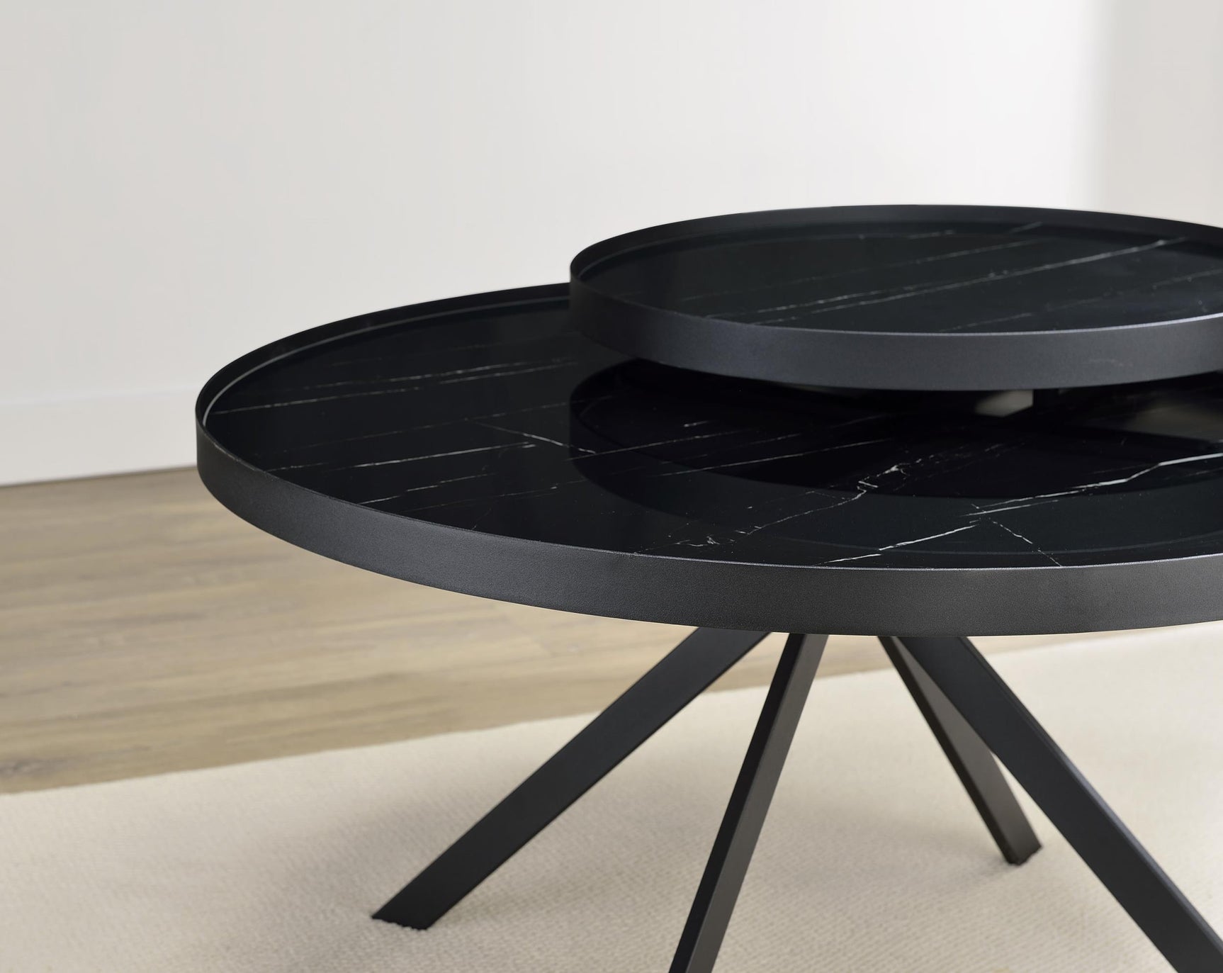 Briggs black round coffee table with marble-printed glass top