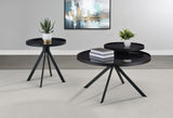 Briggs black round coffee table with marble-printed glass top