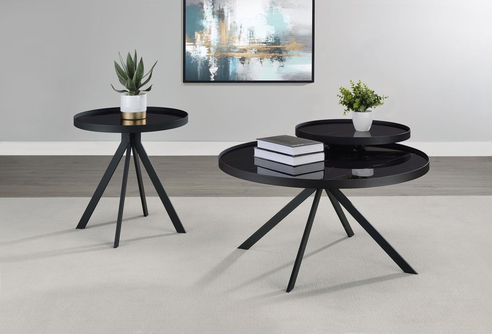 Briggs black round coffee table with marble-printed glass top