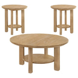 Ottowa end table with round top and storage shelf, light oak finish