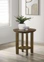 Side angle of Ottowa round brown wood side table showing leg details