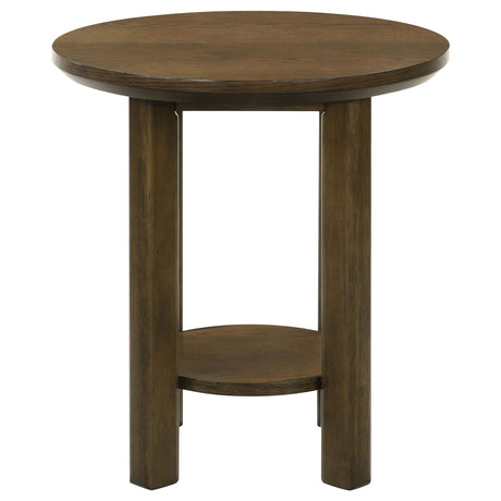 Close-up of oak veneer top surface on Ottowa round side table