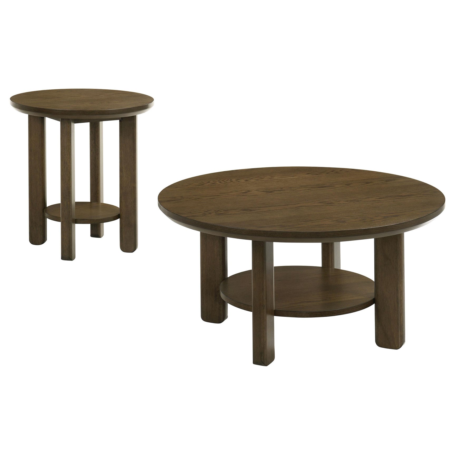 Ottowa end table round top with low shelf and thick legs, side view