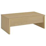 Lift-top cocktail table open with storage visible