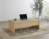 Side view of Canoga lift top coffee table in light oak