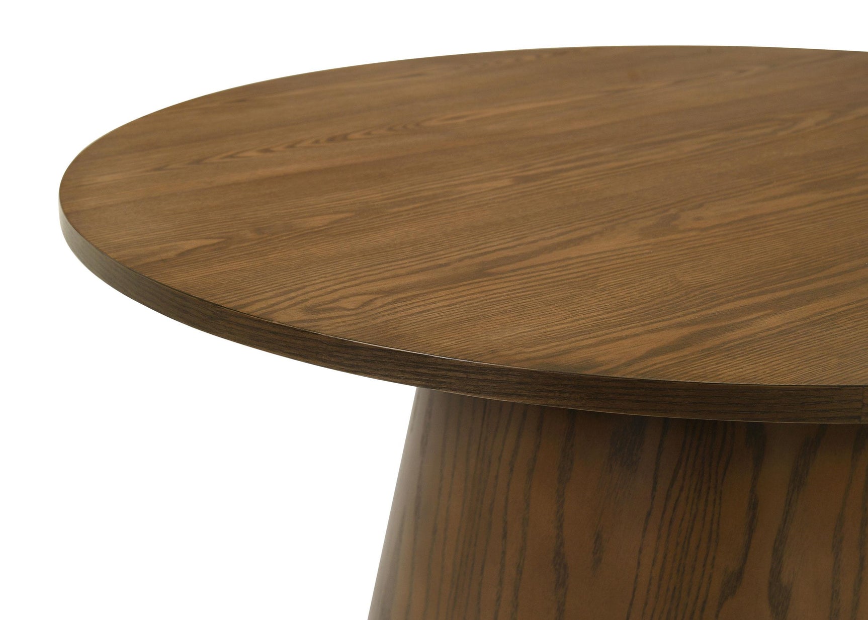 Dark brown pedestal coffee table close-up of ash veneer surface