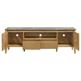 Close-up of cabinet doors and drawers on Bradley TV stand