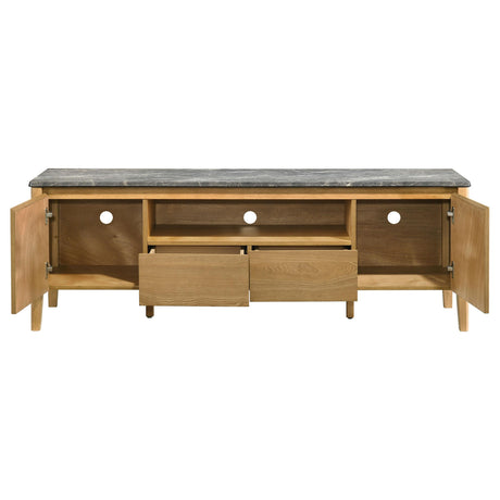 Close-up of cabinet doors and drawers on Bradley TV stand