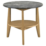 Side view of Bradley Round SmartTop End Side Table highlighting open lower shelf