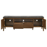 Open center bay and drawers of Bradley TV stand