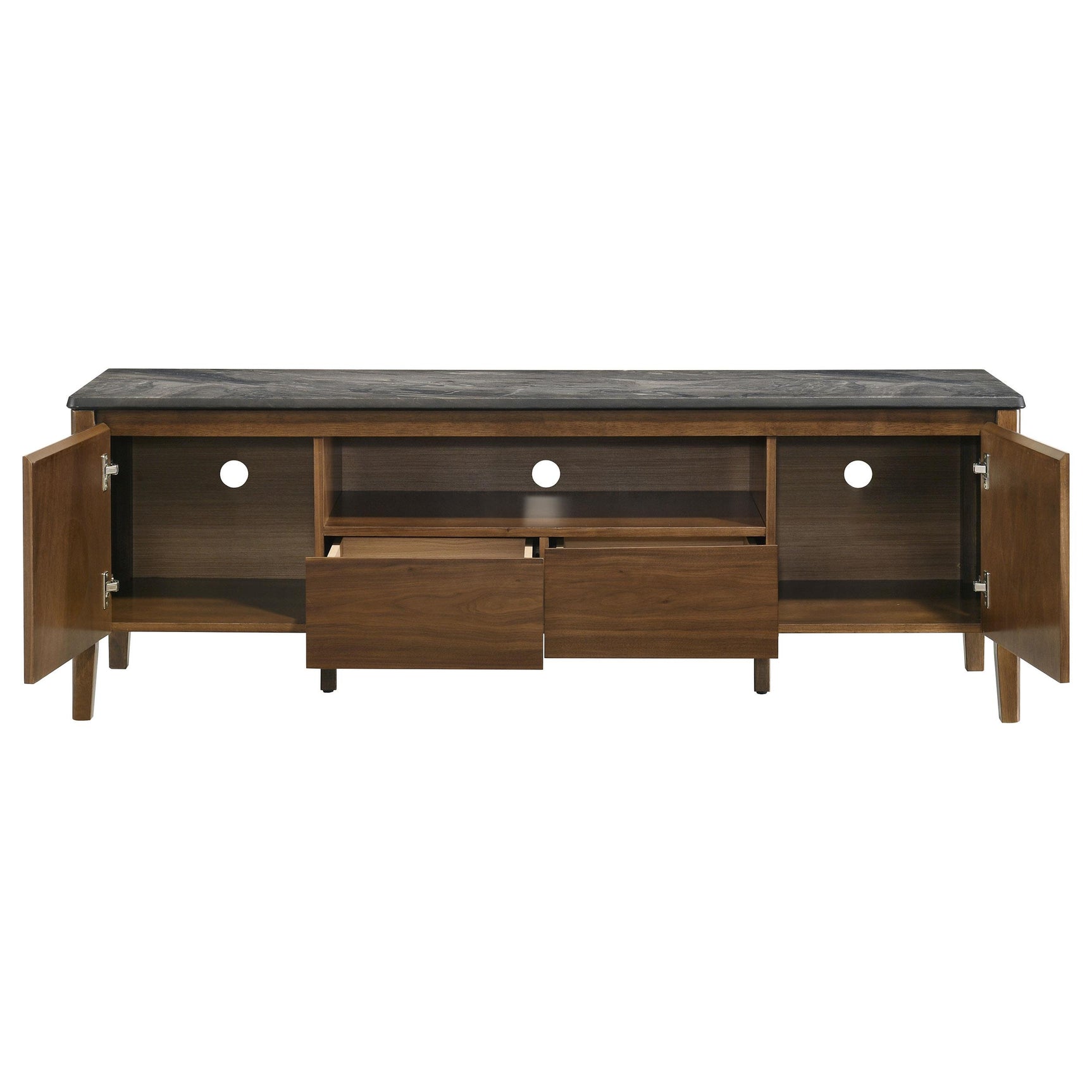 Open center bay and drawers of Bradley TV stand