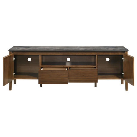 Open center bay and drawers of Bradley TV stand