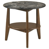 Bradley coffee table and end tables showcasing round tops and open shelves